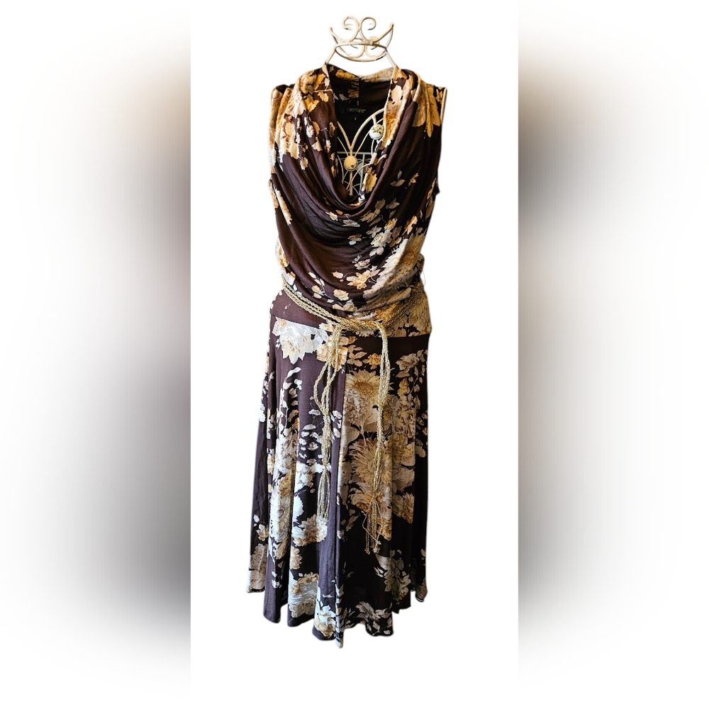 Karen Kane Brown and Cream Ruched Cowl Neck Sundress